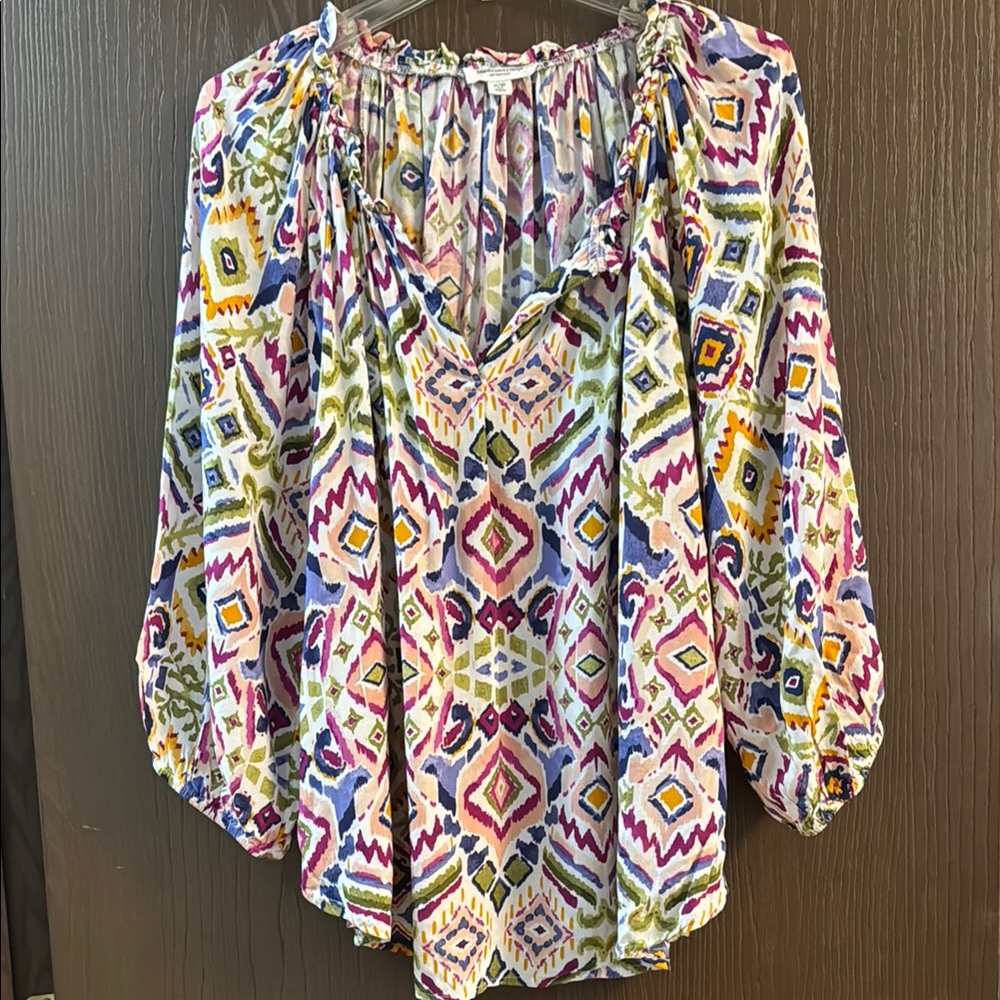 Yellow and Blue Graphic Ruffled 3/4 Sleeve Blouse